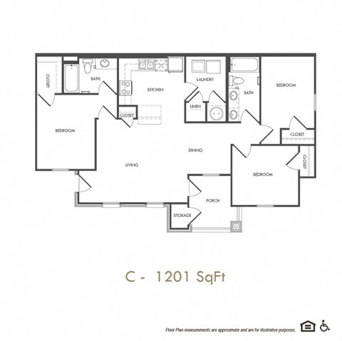 Floor plan for 3 beds, 2 baths, 1201 sqft
